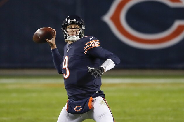 Chicago Bears quarterback Nick Foles (9) looks to pass the ball against the New Orleans Saints during the second half of an NFL football game, Sunday, Nov. 1, 2020, in Chicago. (AP Photo/Kamil Krzaczynski)