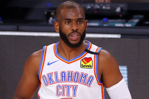 Oklahoma City Thunder's Chris Paul reacts to his 3-point basket during the second quarter against the Houston Rockets in Game 2 of an NBA basketball first-round playoff series, Thursday, Aug. 20, 2020, in Lake Buena Vista, Fla. (Kevin C. Cox/Pool Photo via AP)