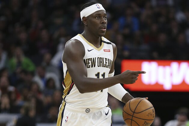 New Orleans Pelicans' Jrue Holiday in the second half of an NBA basketball game against the Minnesota Timberwolves, Sunday, March 8, 2020, in Minneapolis. The Pelicans won 120-107. (AP Photo/Stacy Bengs)