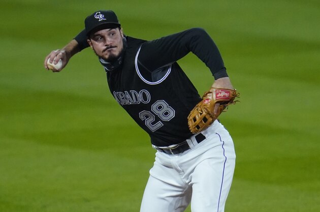 Colorado Rockies third baseman Nolan Arenado (28) in the seventh inning of a baseball game Saturday, Sept. 19, 2020, in Denver. (AP Photo/David Zalubowski)