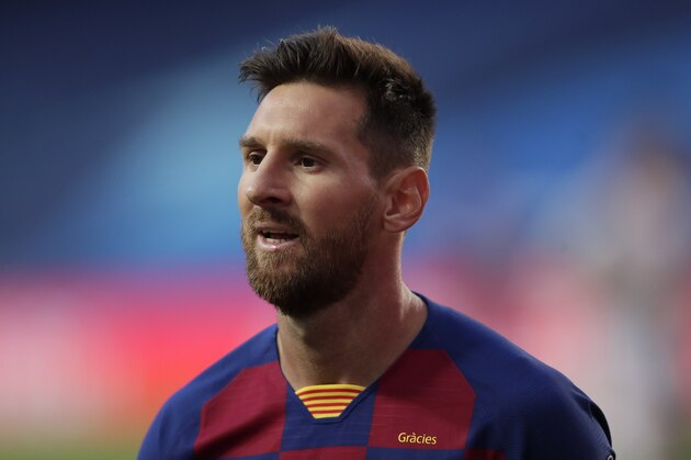 Barcelona's Lionel Messi during the Champions League quarterfinal match between FC Barcelona and Bayern Munich at the Luz stadium in Lisbon, Portugal, Friday, Aug. 14, 2020. (AP Photo/Manu Fernandez/Pool)
