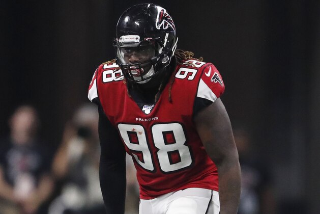 Atlanta Falcons defensive end Takkarist McKinley (98) works against the Philadelphia Eagles during the second half of an NFL football game, Sunday, Sept. 15, 2019, in Atlanta. (AP Photo/John Bazemore)