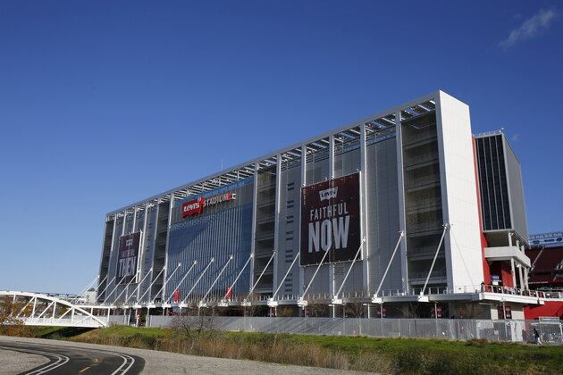 The exterior at Levi's Stadium is shown before an NFL football game between the San Francisco 49ers and the Atlanta Falcons in Santa Clara, Calif., Sunday, Dec. 15, 2019. (AP Photo/John Hefti)