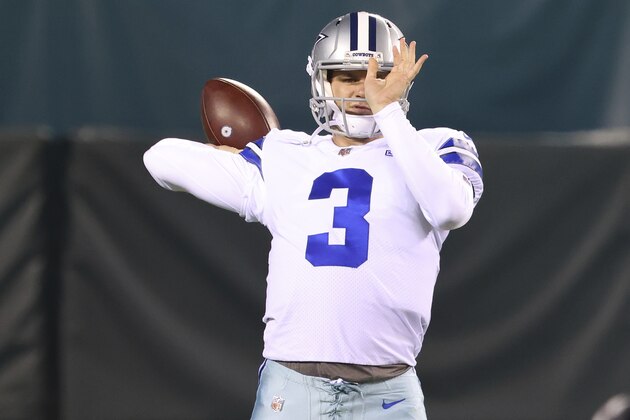 Dallas Cowboys' Garrett Gilbert (3) warms up before an NFL football game against the Philadelphia Eagles, Sunday, Nov. 1, 2020, in Philadelphia. (AP Photo/Rich Schultz)
