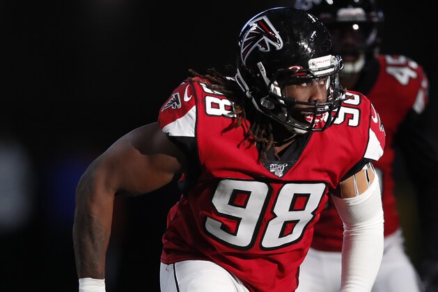 Atlanta Falcons defensive end Takkarist McKinley (98) rushes in against the Carolina Panthers during an NFL football game, Sunday, Dec. 8, 2019, in Atlanta. The Falcons won the game 40-20. (Jeff Haynes/AP Images for Panini)