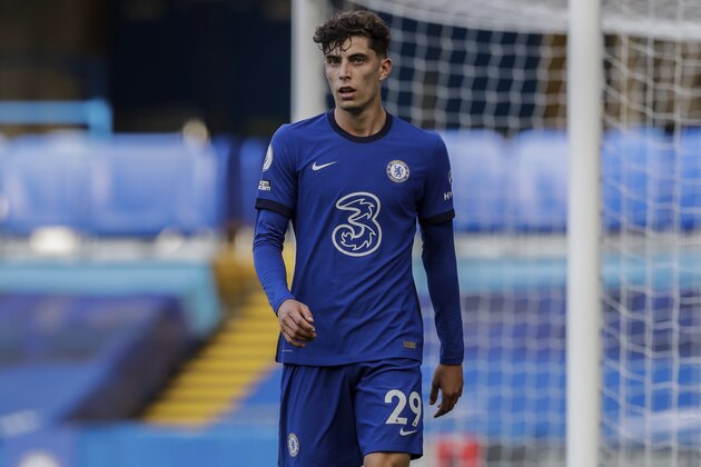 Chelsea's Kai Havertz during the English Premier League soccer match between Chelsea and Liverpool at Stamford Bridge Stadium, Sunday, Sept. 20, 2020. (AP Photo/Matt Dunham, Pool)