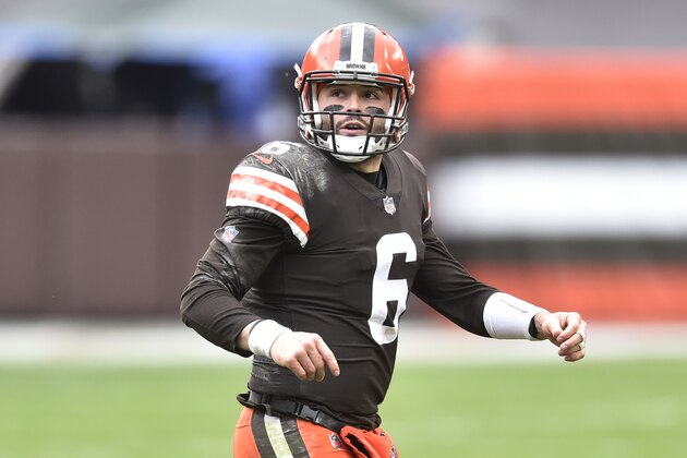 Cleveland Browns quarterback Baker Mayfield walks off the field after an incomplete pass during the first half of an NFL football game against the Las Vegas Raiders, Sunday, Nov. 1, 2020, in Cleveland. (AP Photo/David Richard)