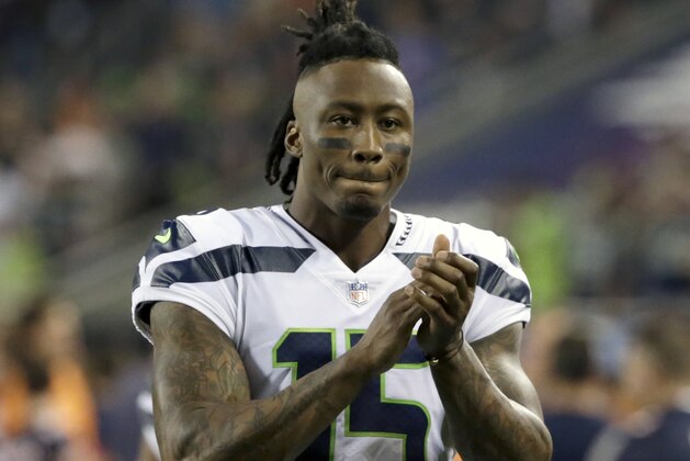FILE - In this Sept. 17, 2018, file photo, Seattle Seahawks wide receiver Brandon Marshall gestures before an NFL football game against the Chicago Bears, in Chicago. Saints coach Sean Payton says the Saints have signed veteran receiver Brandon Marshall. (AP Photo/David Banks, File)