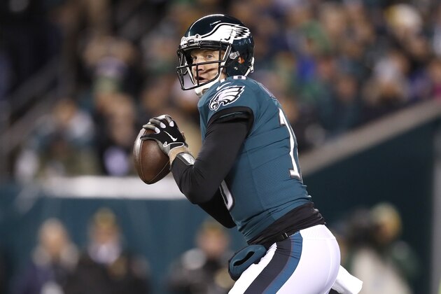Philadelphia Eagles quarterback Josh McCown looks to pass against the Seattle Seahawks during the first half of an NFL wild-card playoff football game, Sunday, Jan. 5, 2020, in Philadelphia. The Seahawks won 17-9. (AP Photo/Julio Cortez)
