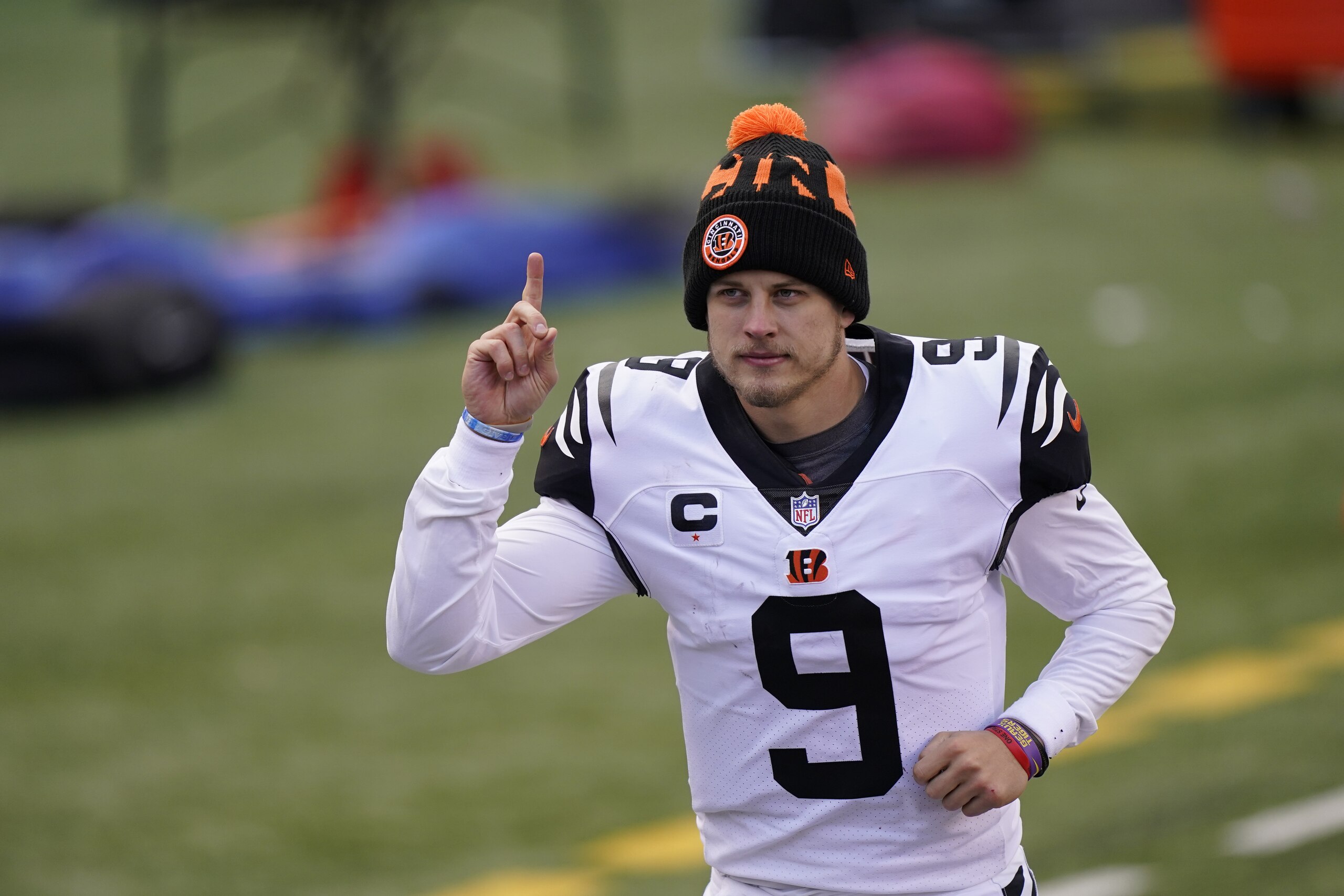Cincinnati Bengals' Joe Burrow reacts as he leaves the field following of an NFL football game against the Tennessee Titans, Sunday, Nov. 1, 2020, in Cincinnati. Cincinnati won 31-20. (AP Photo/Bryan Woolston)
