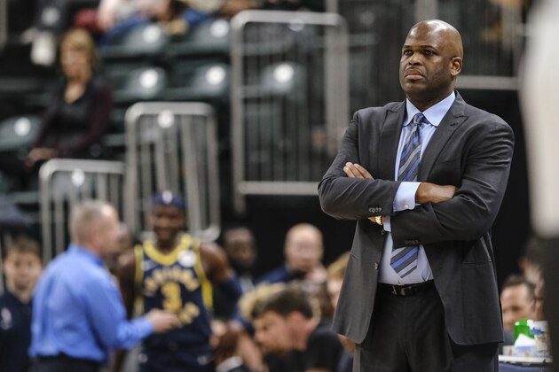 FILE - In this Feb. 25, 2020, file photo, Indiana Pacers coach Nate McMillan watches during the second half of an NBA basketball game against the Charlotte Hornets in Indianapolis. Formulating a plan to get a team ready for the restart of the NBA season wasn’t as difficult as one might expect for McMillan. Turns out, he’s been through something similar to this before. (AP Photo/AJ Mast, File)