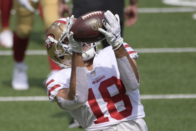 San Francisco 49ers wide receiver Dante Pettis (18) warms up before an NFL football game against the New York Giants, Sunday, Sept. 27, 2020, in East Rutherford, N.J. (AP Photo/Bill Kostroun)