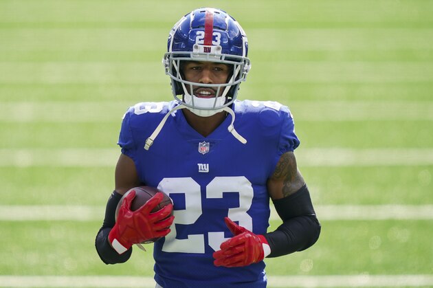 New York Giants cornerback Logan Ryan (23) before an NFL football game against the Washington Football Team Sunday, Oct. 18, 2020, in East Rutherford, N.J. (AP Photo/John Minchillo)