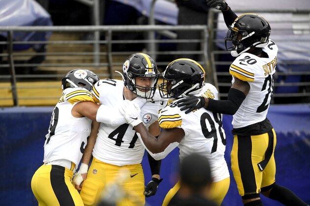 Pittsburgh Steelers linebacker Robert Spillane, second from left, celebrates with teammates after after scoring on an interception of a pass from Baltimore Ravens quarterback Lamar Jackson, not visible, during the first half of an NFL football game, Sunday, Nov. 1, 2020, in Baltimore. (AP Photo/Nick Wass)
