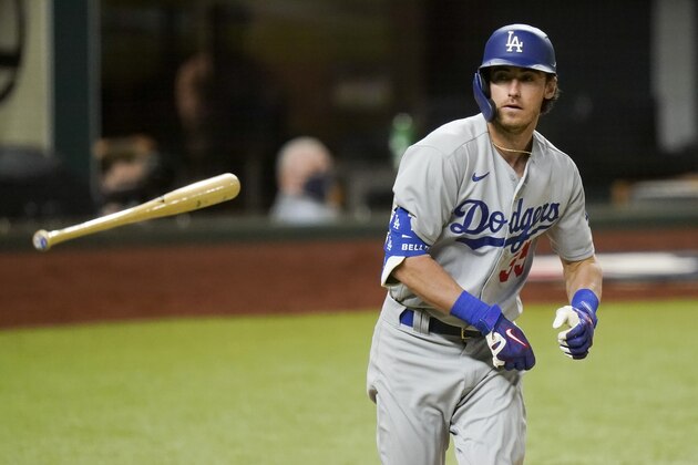 Los Angeles Dodgers' Cody Bellinger walks during the seventh inning in Game 4 of a baseball National League Championship Series against the Atlanta Braves Thursday, Oct. 15, 2020, in Arlington, Texas. (AP Photo/Eric Gay)