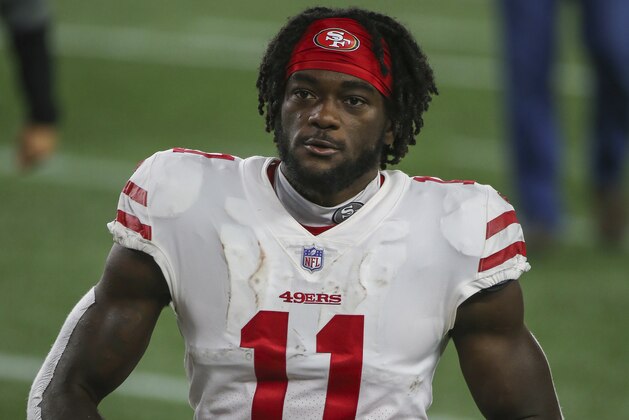 San Francisco 49ers wide receiver Brandon Aiyuk (11) walks off the field following an NFL football game against the New England Patriots, Sunday, Oct. 25, 2020, in Foxborough, Mass. (AP Photo/Stew Milne)