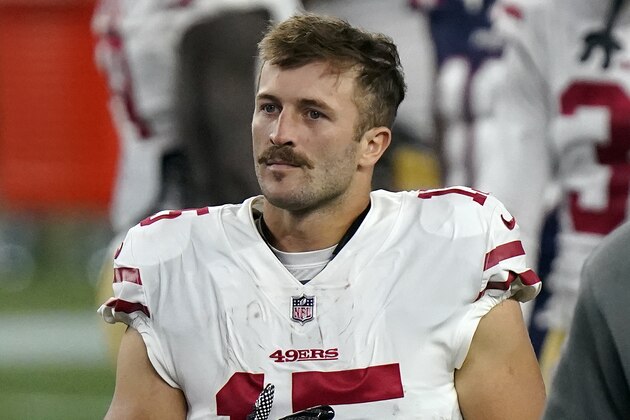 San Francisco 49ers wide receiver Trent Taylor leaves the field after an NFL football game against the New England Patriots, Sunday, Oct. 25, 2020, in Foxborough, Mass. (AP Photo/Steven Senne)