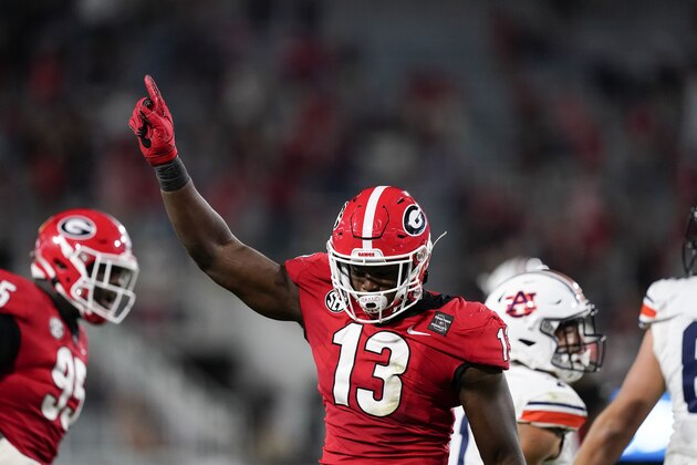 Georgia linebacker Azeez Ojulari (13) in action during the first half of an NCAA college football game against Auburn, Saturday, Oct. 3, 2020, in Athens, Ga. (AP Photo/Brynn Anderson)