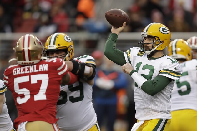 Green Bay Packers quarterback Aaron Rodgers (12) passes against the San Francisco 49ers during the first half of the NFL NFC Championship football game Sunday, Jan. 19, 2020, in Santa Clara, Calif. (AP Photo/Ben Margot)