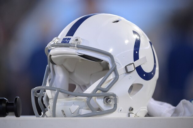 An Indianapolis Colts helmet sits on a cooler on the sideline during the second half of an NFL football game against the Jacksonville Jaguars Sunday, Dec. 29, 2019, in Jacksonville, Fla. (AP Photo/Phelan M. Ebenhack)