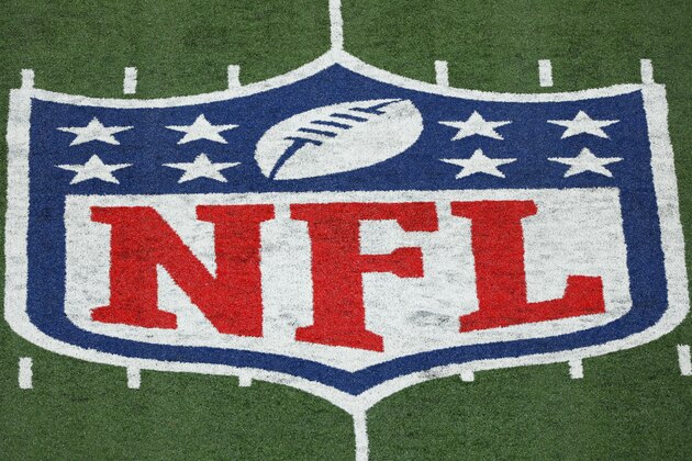 A general view of the NFL shield at midfield during an NFL football game between the Tampa Bay Buccaneers and the New York Giants, Monday, Nov. 2, 2020, in East Rutherford, N.J. (AP Photo/Adam Hunger)