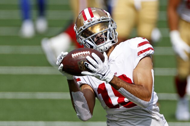 San Francisco 49ers wide receiver Dante Pettis (18) warms up before an NFL football game against the New York Giants, Sunday, Sept. 27, 2020, in East Rutherford, N.J. (AP Photo/Adam Hunger)