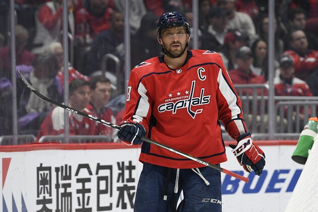 Washington Capitals left wing Alex Ovechkin (8), of Russia, stands on the ice during the first period of an NHL hockey game against the Los Angeles Kings, Tuesday, Feb. 4, 2020, in Washington. (AP Photo/Nick Wass)