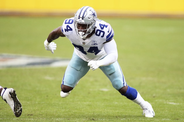 Dallas Cowboys defensive end Randy Gregory (94) in action during an NFL football game against the Washington Football Team, Sunday, Oct. 25, 2020 in Landover, Md. (AP Photo/Daniel Kucin Jr.)