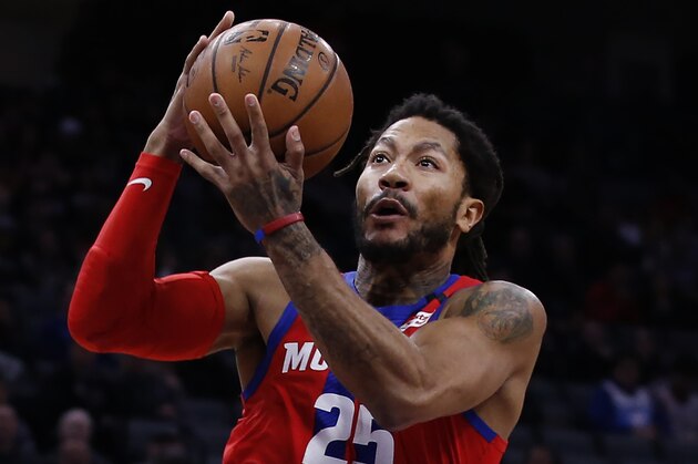 Detroit Pistons guard Derrick Rose goes to the basket during the first half of an NBA basketball game against the Sacramento Kings in Sacramento, Calif., Sunday, March 1, 2020.The Kings won 106-100. (AP Photo/Rich Pedroncelli)