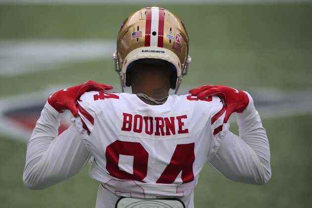 San Francisco 49ers wide receiver Kendrick Bourne (84) wears a social justice decal on the back of his helmet prior to an NFL football game against the New England Patriots, Sunday, Oct. 25, 2020, in Foxborough, Mass. (AP Photo/Stew Milne)