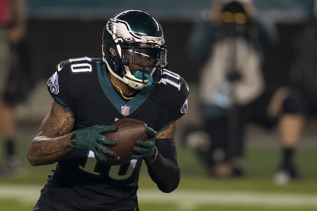 Philadelphia Eagles wide receiver DeSean Jackson (10) in action during the NFL football game against the New York Giants, Thursday, Oct. 22, 2020, in Philadelphia. (AP Photo/Chris Szagola)