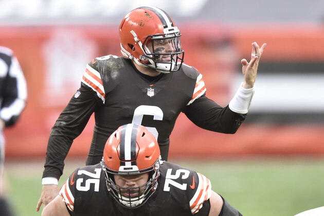 Cleveland Browns quarterback Baker Mayfield (6) calls a play during an NFL football game against the Las Vegas Raiders, Sunday, Nov. 1, 2020, in Cleveland. The Raiders won 16-6. (AP Photo/David Richard)