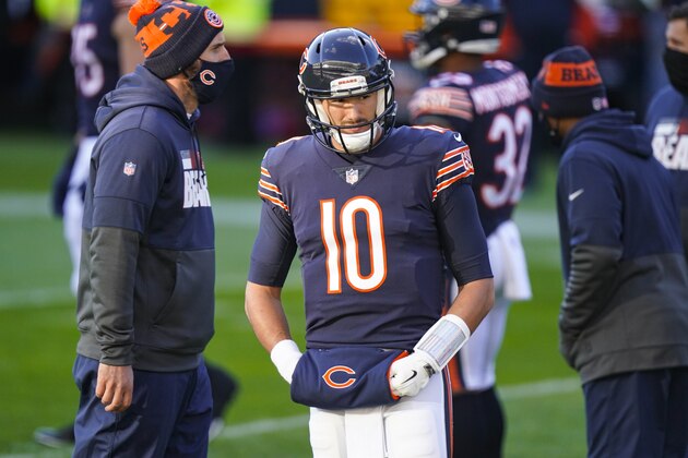 Chicago Bears quarterback Mitchell Trubisky (10) before an NFL football game against the New Orleans Saints in Chicago, Sunday, Nov. 1, 2020. (AP Photo/Nam Y. Huh)