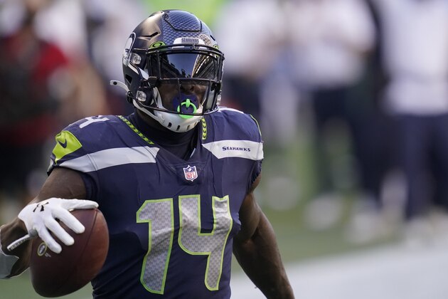 Seattle Seahawks wide receiver DK Metcalf in action against the New England Patriots during the first half of an NFL football game, Sunday, Sept. 20, 2020, in Seattle. (AP Photo/Elaine Thompson)
