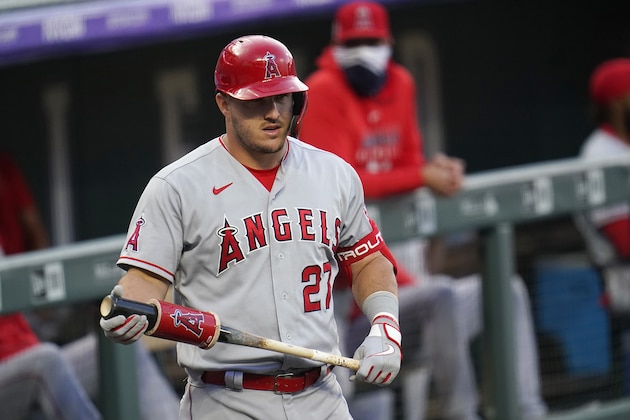 Los Angeles Angels center fielder Mike Trout (27) in the first inning of a baseball game Friday, Sept. 11, 2020, in Denver.(AP Photo/David Zalubowski)