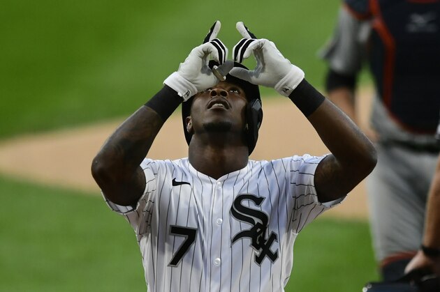 Chicago White Sox's Tim Anderson celebrates at home plate after hitting a solo home run during the first inning of a baseball game against the Detroit Tigers, Monday, Aug. 17, 2020, in Chicago. (AP Photo/Paul Beaty)