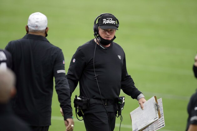 Las Vegas Raiders head coach Jon Gruden speaks on the sideline during the first half of an NFL football game against the Buffalo Bills, Sunday, Oct. 4, 2020, in Las Vegas. (AP Photo/Isaac Brekken)