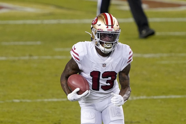 San Francisco 49ers wide receiver Richie James (13) against the Los Angeles Rams during an NFL football game in Santa Clara, Calif., Sunday, Oct. 18, 2020. (AP Photo/Tony Avelar)