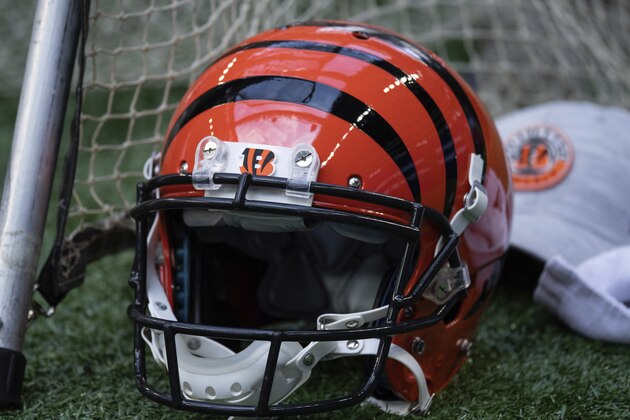 A Cincinnati Bengals helmet sits on the field during an NFL football game between the Indianapolis Colts and Cincinnati Bengals, Sunday, Oct. 18, 2020, in Indianapolis. (AP Photo/Zach Bolinger)