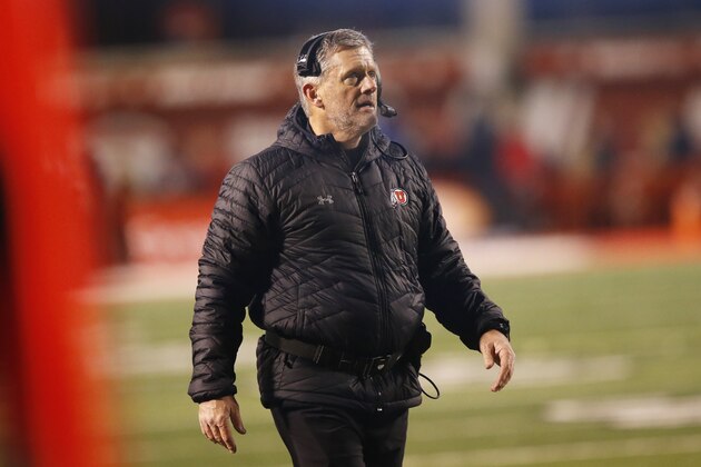 Utah head coach Kyle Whittingham looks on in the first half during an NCAA college football game against Colorado Saturday, Nov. 30, 2019, in Salt Lake City. (AP Photo/Rick Bowmer)