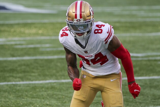 San Francisco 49ers wide receiver Kendrick Bourne (84) during the first half of an NFL football game against the New England Patriots, Sunday, Oct. 25, 2020, in Foxborough, Mass. (AP Photo/Stew Milne)
