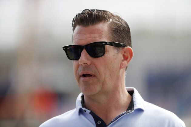 New York Mets general manager Brodie Van Wagenen watches during spring training baseball practice Saturday, Feb. 15, 2020, in Port St. Lucie, Fla. (AP Photo/Jeff Roberson)