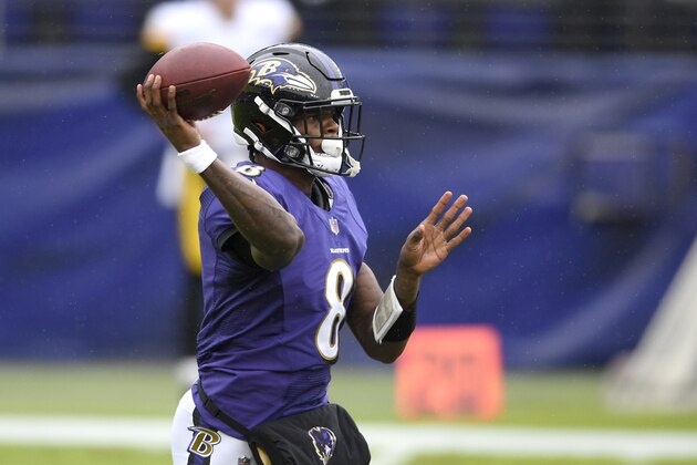 Baltimore Ravens quarterback Lamar Jackson throws a pass during the first half of an NFL football game against the Pittsburgh Steelers, Sunday, Nov. 1, 2020, in Baltimore. Steelers' linebacker Robert Spillane intercepted the pass and returned it for a touchdown. (AP Photo/Nick Wass)