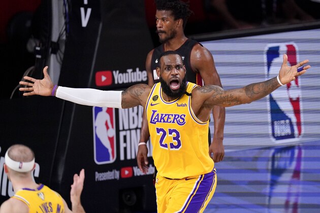 Los Angeles Lakers forward LeBron James reacts during the first half in Game 4 of basketball's NBA Finals Tuesday, Oct. 6, 2020, in Lake Buena Vista, Fla. (AP Photo/Mark J. Terrill)