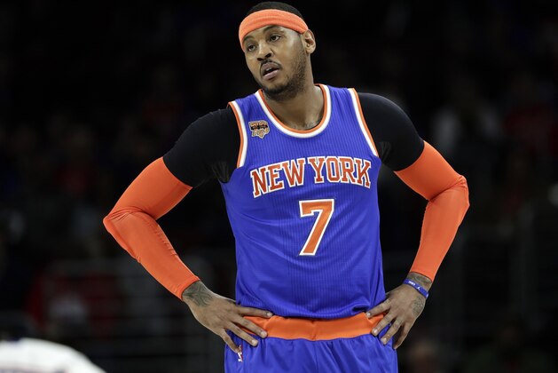 FILE - In this Jan. 11, 2017, file photo, New York Knicks' Carmelo Anthony looks on during a break in an NBA basketball game against the Philadelphia 76ers in Philadelphia. Phil Jackson may be trying to trade Anthony because he's given up trying to change him. That seemed to be the conclusion when the Knicks president of basketball operations broke his Twitter silence with a tweet that was another dig at the star forward.  (AP Photo/Matt Slocum, File)