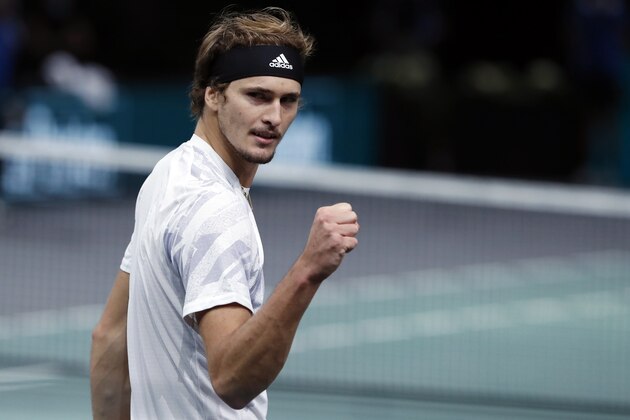 Germany's Alexander Zverev reacts after winning his semi-final game against Spain's Rafael Nadal at the Paris Masters tennis tournament in Paris, Saturday, Nov. 7, 2020. (AP Photo/Thibault Camus)