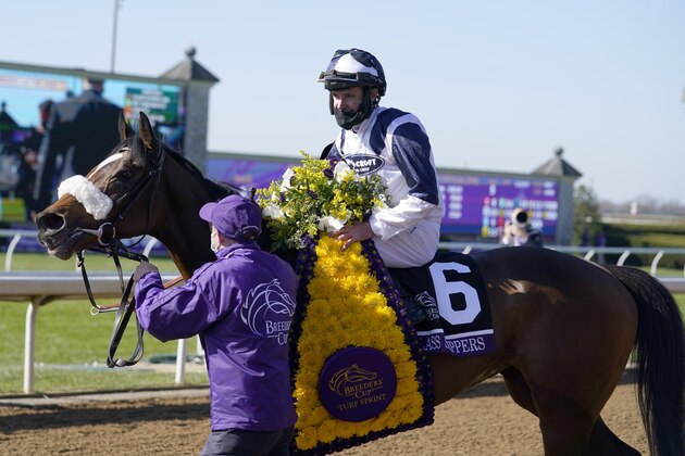 Tom Eaves (6) sits atop Glass Slippers after winning the Breeder's Cup Turf Sprint horse race at Keeneland Race Course, in Lexington, Ky., Saturday, Nov. 7,2020. (AP Photo/Michael Conroy)