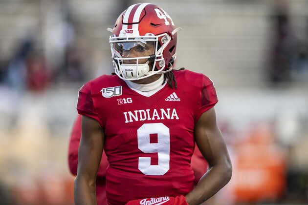 Indiana quarterback Michael Penix Jr. (9) warms up on the field during an NCAA college football game against Northwestern, Saturday, Nov. 2, 2019, in Bloomington, Ind. Indiana won 34-3. (AP Photo/Doug McSchooler)