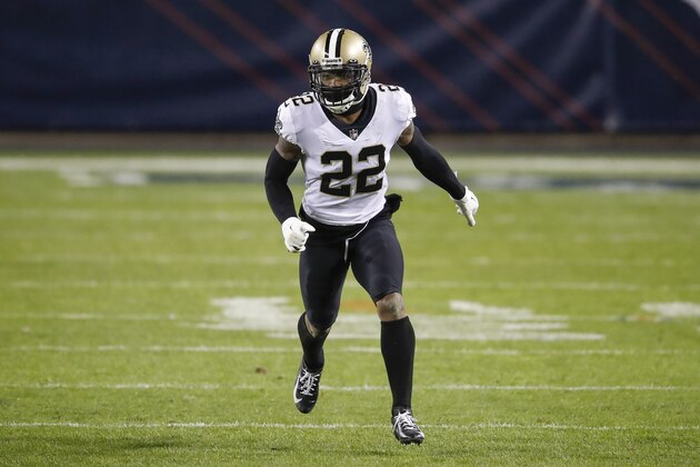 New Orleans Saints safety Chauncey Gardner-Johnson (22) in action against the Chicago Bears during the second half of an NFL football game, Sunday, Nov. 1, 2020, in Chicago. (AP Photo/Kamil Krzaczynski)
