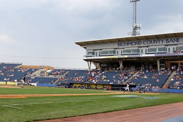 An overall view of Richmond County Bank stadium as Staten Island Yankees Junior Valera #20 is seen in action against the Connecticut Tigers during a minor league baseball game in Staten Island, NY on Sunday, August 30, 2015.  (AP Photo/Gregory Payan)